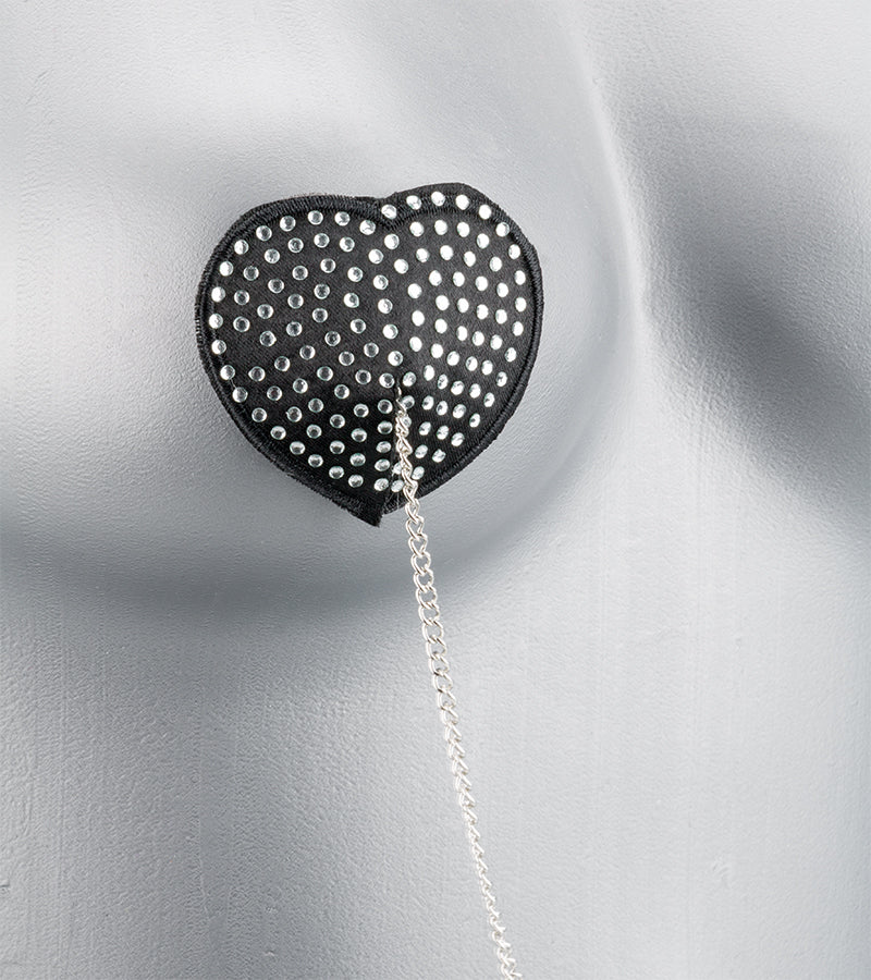 Heart-shaped rhinestone and metal chain nipple pasties
